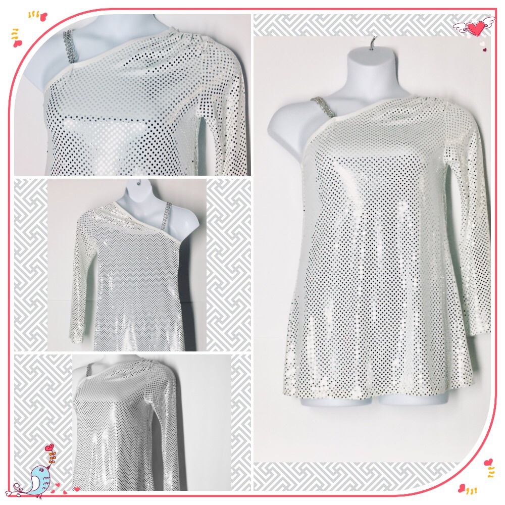 🛍One-Shoulder White & Silver Tunic Top Sz XS